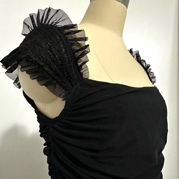 Vtg Tadashi Black Mesh Ruched Maxi Dress S Gothic Vampire Fairygoth Witchy - Picture 11 of 12